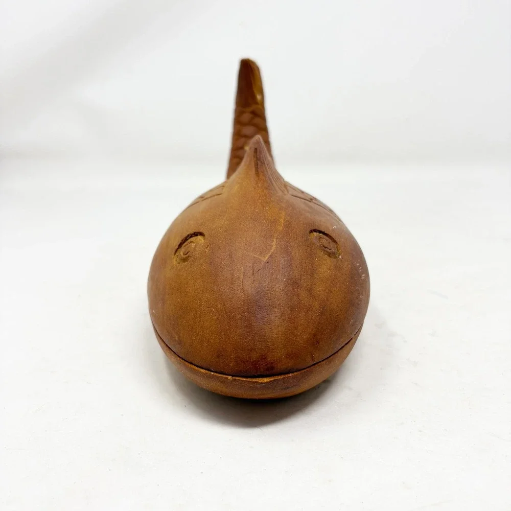 Hand Carved Wooden Fish Trinket Box Nautical Coastal Decor Brown Storage 11.5in